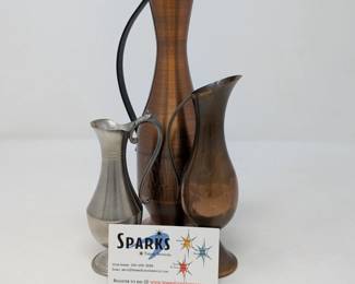 204 3SmallVintageMetalDecorativePitchersVases