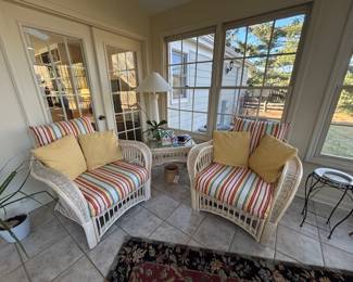 2 Cane Chairs, Corner Table, Lamp