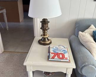 White End Table, Brass Lamp