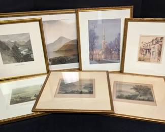 7 Gold Toned Framed Scenery Prints