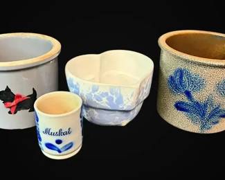 Two Small Blue Salt Glazed Crocks More