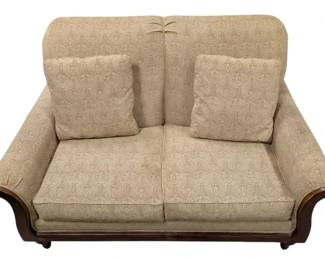 Tan Upholstered Wooden Loveseat