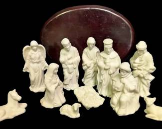 White Porcelain Nativity Scene With Wood Base