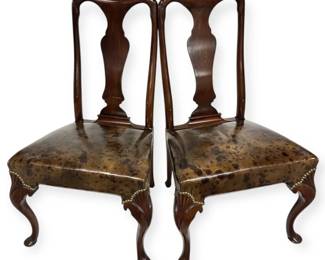 Two Queen Anne Style Chairs w Mottled Seats Brass Accents