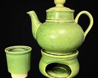 West Germany Green Stoneware Teapot W Warmer Percolator