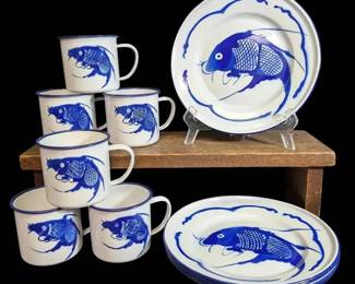 Enameled Blue White Carp Mugs  Plates
