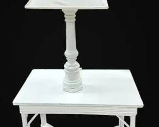 White Cane Side Table w Lamp