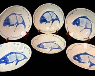 9 Ceramic Blue Carp Bowls