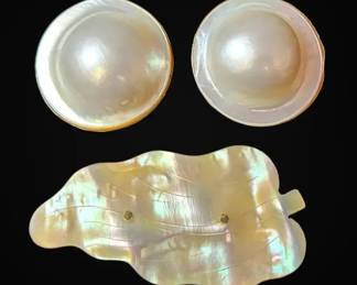 14k Gold Backed Blister Pearl Earrings w 10k Pearlescent Brooch 23.18g Total