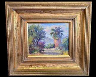 Wide Gold Toned Framed Desert Scene Painting Signed E. Amin