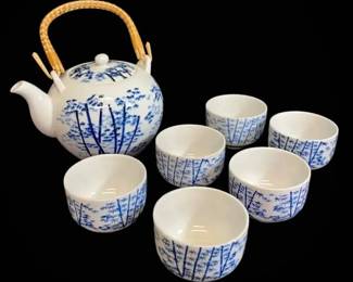 Blue Bamboo Teapot and Cups