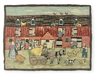 Farm Scene Hooked Rug 48.5 x 34.5 