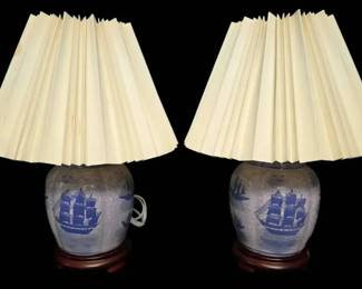 Pair Of Blue Sailboat Porcelain Lamps