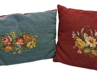 Two Red Blue Needlepoint Floral Pillows