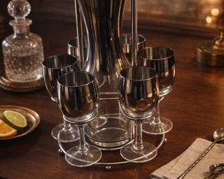 Vintage MidCentury Barware Set with Carrier Smoked Glass Chrome, 6 Piece