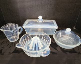 Fry Glass Reamer, Tri-spot Measure Cup, & Covered Dishes