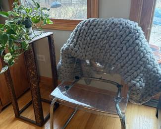 Wicker plant stand & thick heavy knit throw