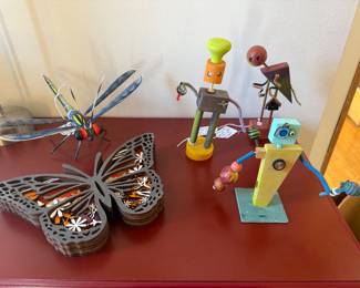 Wooden folk art robots, dragonfly & butterfly 