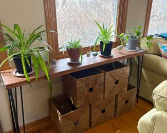 5FT MCM sofa table w/hairpin legs & seagrass storage cubes