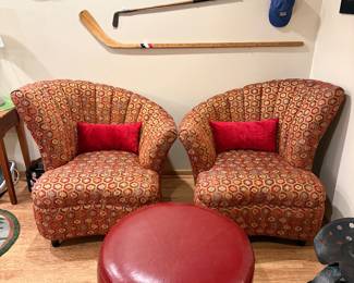 Vintage asymmetrical clam chairs.  Round ottoman 