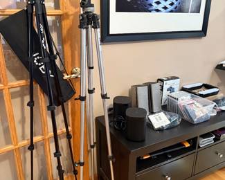 Camera tripods. Sonos One, Gen 2, and Bose speakers