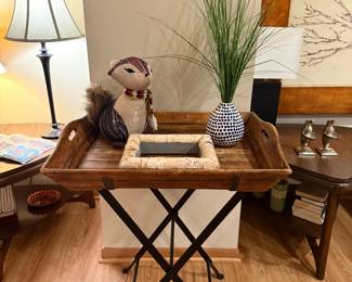 Wooden butlers tray table with metal folding stand