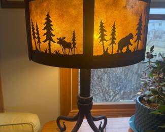 Heavy iron table lamp with mica shade