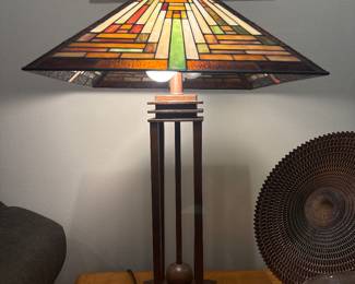 17” x17” art nouveau Tiffany style heavy bronze table lamp. Table not for sale.