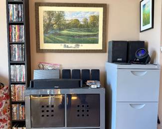 Metal filing cabinet. 4-cube unit w/bins. Bose & Sony Vtg speakers