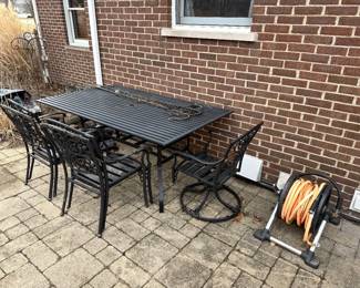 Shepherd's hooks. Hose reel & outdoor dining set