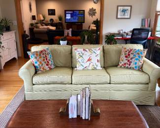 MCM coffee table and vintage Walter E Smithe 3-seater light green sofa 