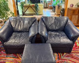 Montebello Collection navy blue leather chairs and ottoman 