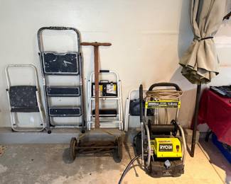 Electric Ryobi power washer. Step stools. Vintage push mower