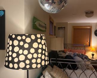 Vintage motorized mirror disco ball & polka-dotted floor lamp