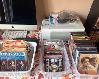 Vintage 45s, DVDs, and CDs. HP photo printer. Apple monitor NO cord