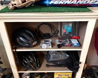 Bicycle & baseball gear. Shelf not for sale
