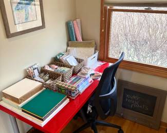 Red height extendable desk and computer chair. Crafting & stationary 