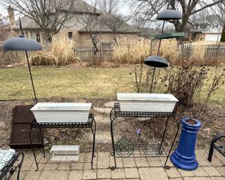 Plant stands. Shepherd's hooks. Ceramic birdbath base