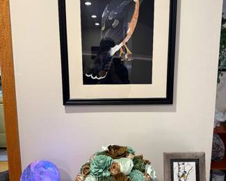 Framed hawk artwork. 3D moon lamp & Sola wooden flower arrangement 