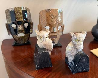 Owl carved bookends & Aztec mask decor 