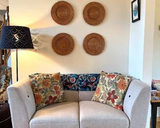 Grey fabric interchangeable loveseat with tufted  style buttons 