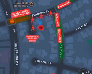 FRIDAY ONLY (we think?) ENTER THRU SCRIPPS ST. PARK ON ETON OR STADIUM ST AND WALK TO THE ADDRESS IN THE COL-DE-SAC! NO PARKING IN THE COL-DE-SAC! (Unless you are ready to load your vehicle or have handicap placard!) thank you for understanding