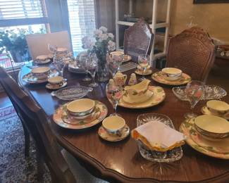 dining table w/6 chairs & desert rose china