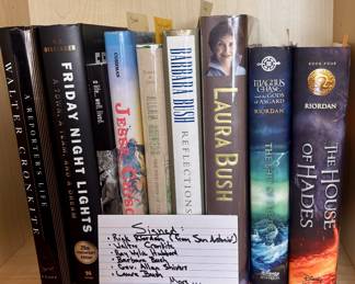 Signed: Rick Riordan, Walter Cronkite, Ray Wylie Hubbard, Barbara Bush, Gov. Allan Shivers and Laura Bush