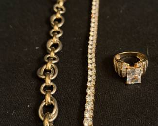 14 kt gold and rock crystal ring,  14 kt gold tennis bracelet, sterling 18kt gold link bracelet