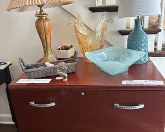 Wood file cabinet , lamps, art glass, Murano