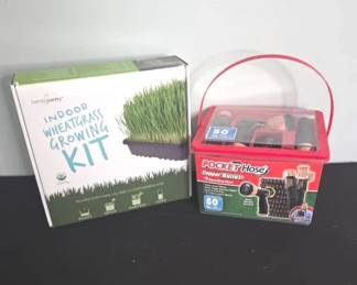 Handy Pantry Indoor Wheatgrass Growing Kit and a Pocket Hose Copper Bullet Expanding Hose. 