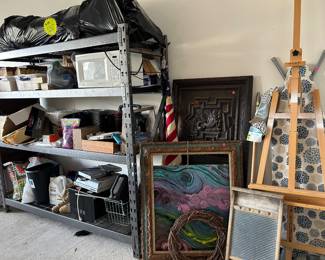 Microwaves, utility shelf, trash cans