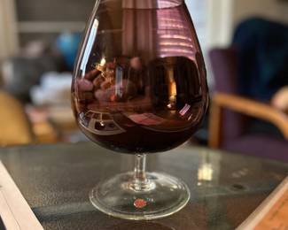 Vintage-style snifter likely for Brandy or cognac. deep amethyst or claret purple-with red &  gold Made in Italy sticker attached