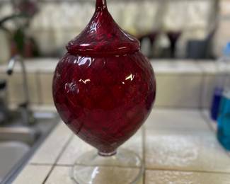 Ruby Red Pedestal candy jar or apothecary jar-quilted or diamond-point pattern with matching lid
